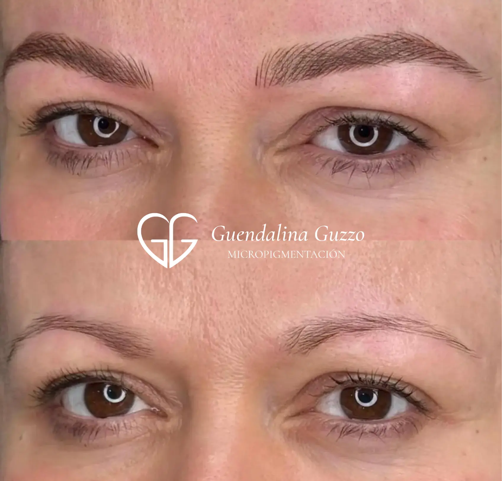 Comparativa de antes y después de microblading de cejas, técnica pelo a pelo para un diseño de mirada natural y definido Guendalina Guzzo en Marbella.