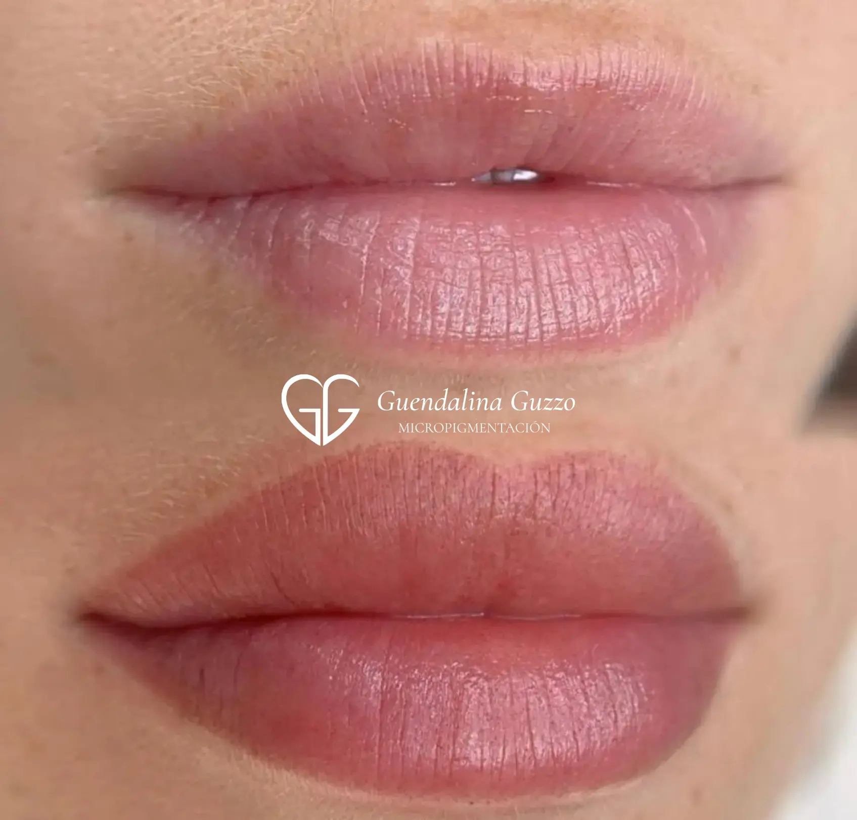Antes y después de micropigmentación de labios con técnica efecto natural para mejorar definición, Guendalina Guzzo en marbella.