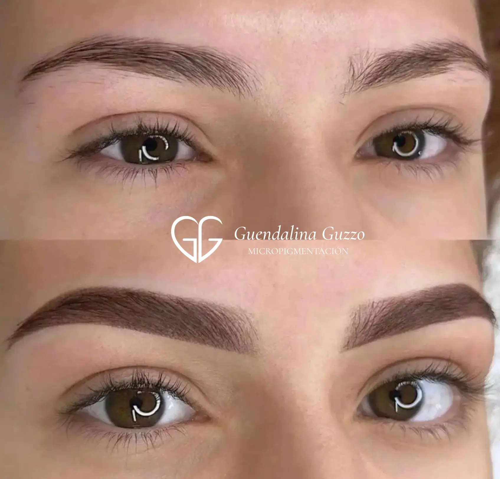 Resultado antes y después de Powder Brows o cejas con efecto sombreado en Marbella por Guendalina Guzzo.