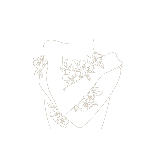 Ilustración minimalista de una silueta femenina abrazándose a sí misma rodeada de flores, simbolizando el amor propio y la regeneración tras tratamientos de micropigmentación y prótesis con Guendalinza Guzzo en Alma Design Care Costa del Sol