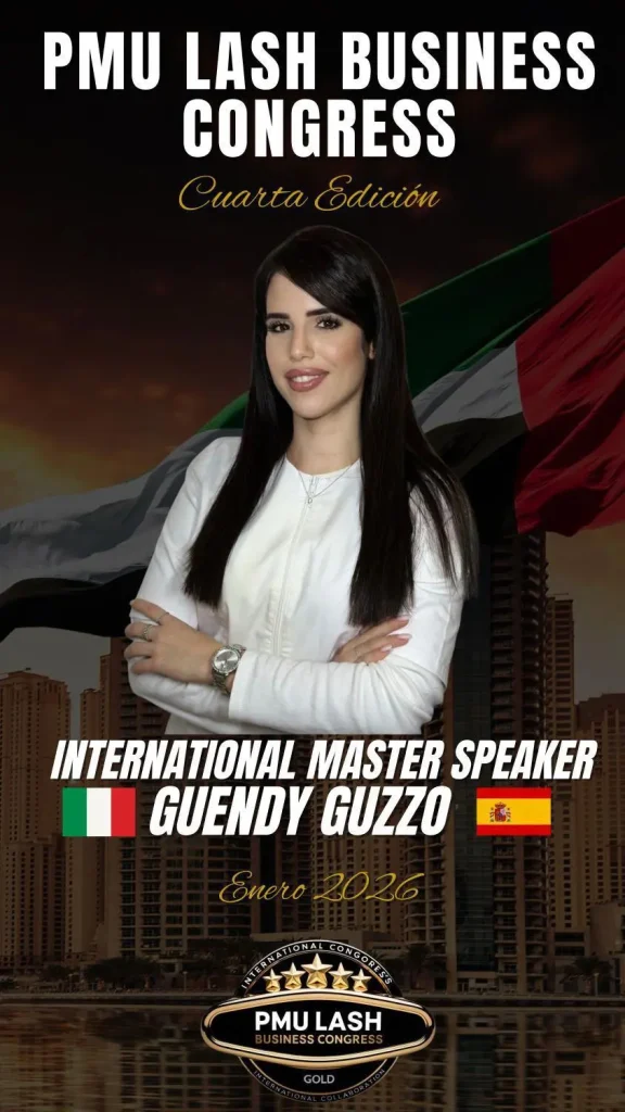 Guendy Guzzo, International Master Speaker en el Congreso Internacional PMU Lash Business presentando las prótesis de areola y pezón de Alma Design Care.